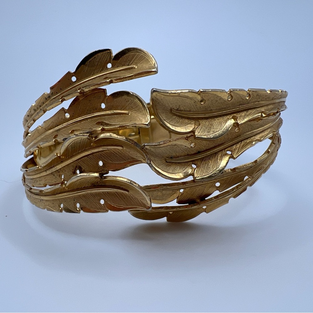 Vintage Feather & Seashell Hinge Cuff Bracelet